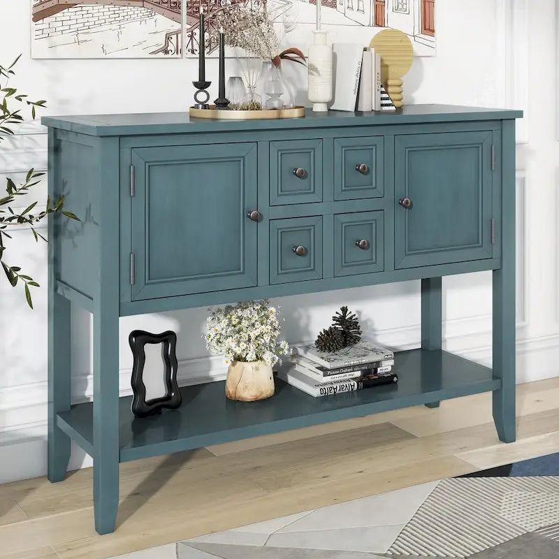 Vintage Console Table with Four Small Drawers and Bottom Shelf
