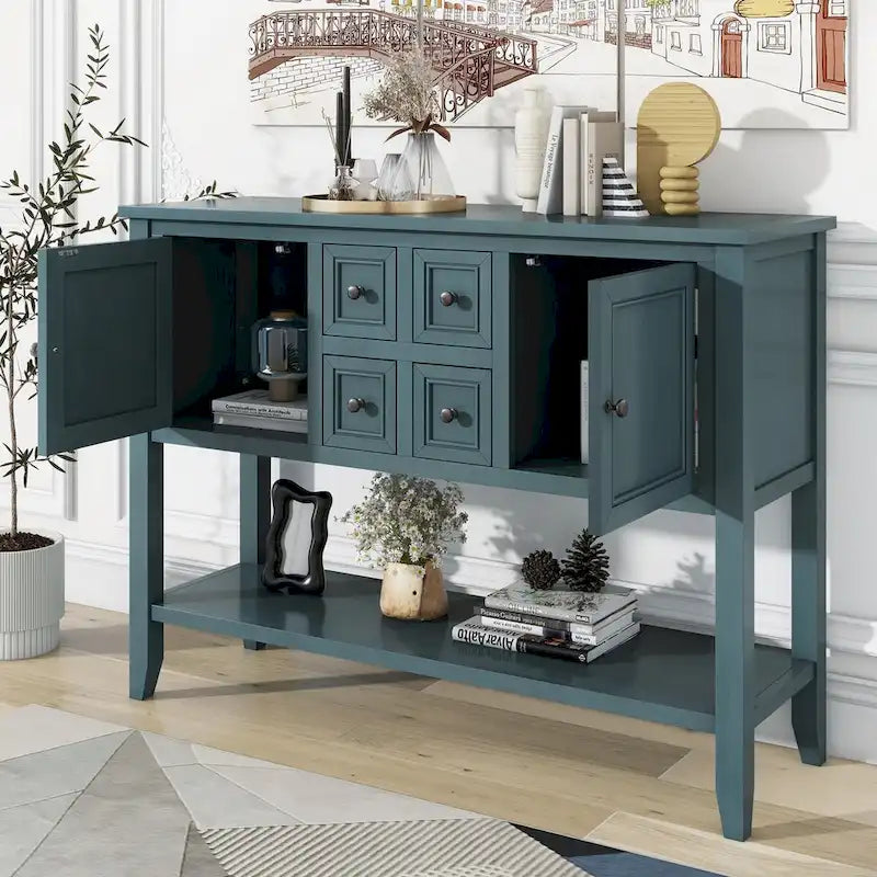 Vintage Console Table with Four Small Drawers and Bottom Shelf