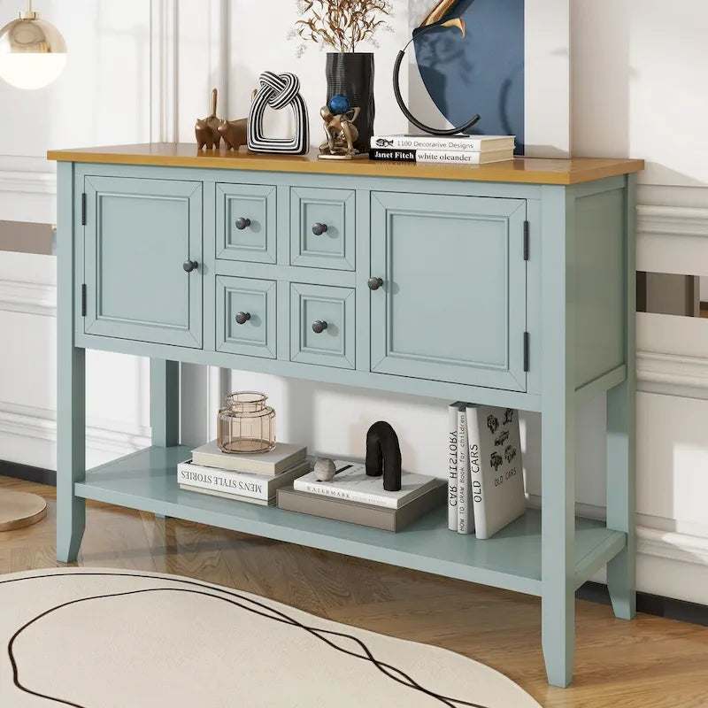 Vintage Console Table with Four Small Drawers and Bottom Shelf