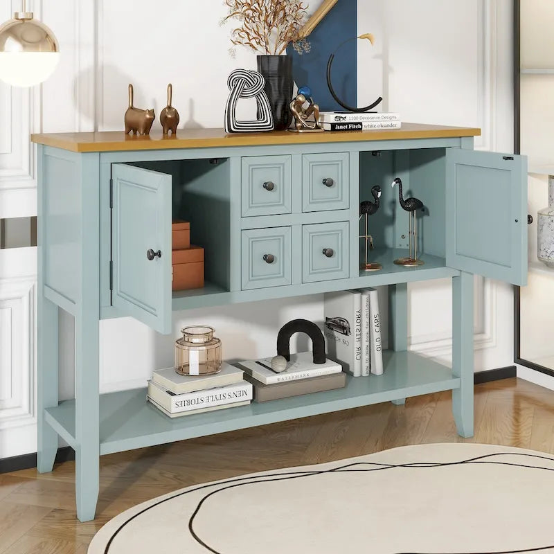 Vintage Console Table with Four Small Drawers and Bottom Shelf
