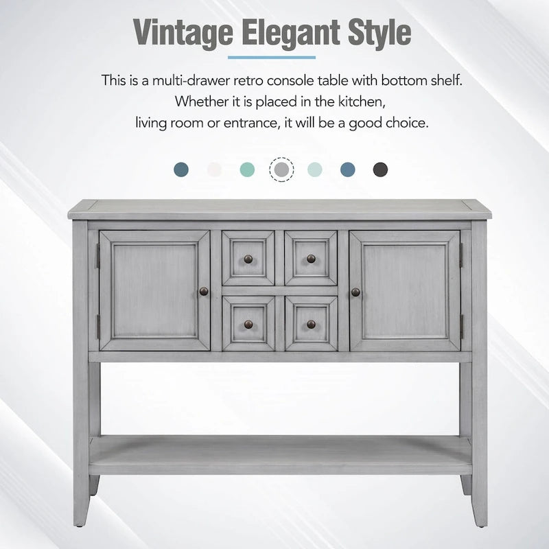 Vintage Console Table with Four Small Drawers and Bottom Shelf