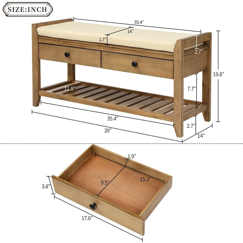 Shoe Rack with Cushioned Seat and Drawers, Multipurpose Entryway Storage Bench (Antique Navy)