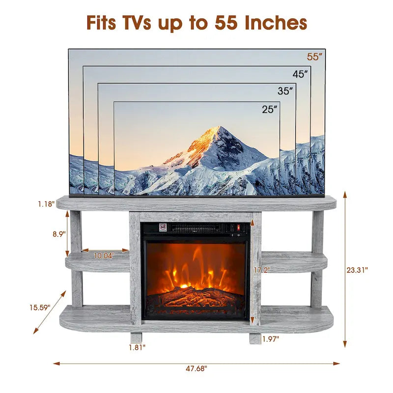 48 Modern Light Gray Fireplace TV Stands Console Table with Open Storage Shelves