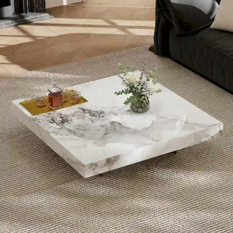 Modern 42 Faux Marble Square Coffee TableGlossy Sintered Stone Tabletop