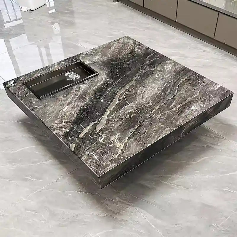 Modern 42 Faux Marble Square Coffee TableGlossy Sintered Stone Tabletop