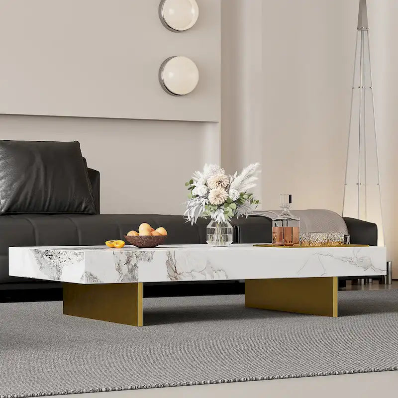 Modern 42 Faux Marble Square Coffee TableGlossy Sintered Stone Tabletop