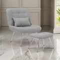 Lea 2pc Modern Lounge Chair and Ottoman Set, Gray Woven Upholstery, Chrome