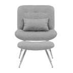 Lea 2pc Modern Lounge Chair and Ottoman Set, Gray Woven Upholstery, Chrome