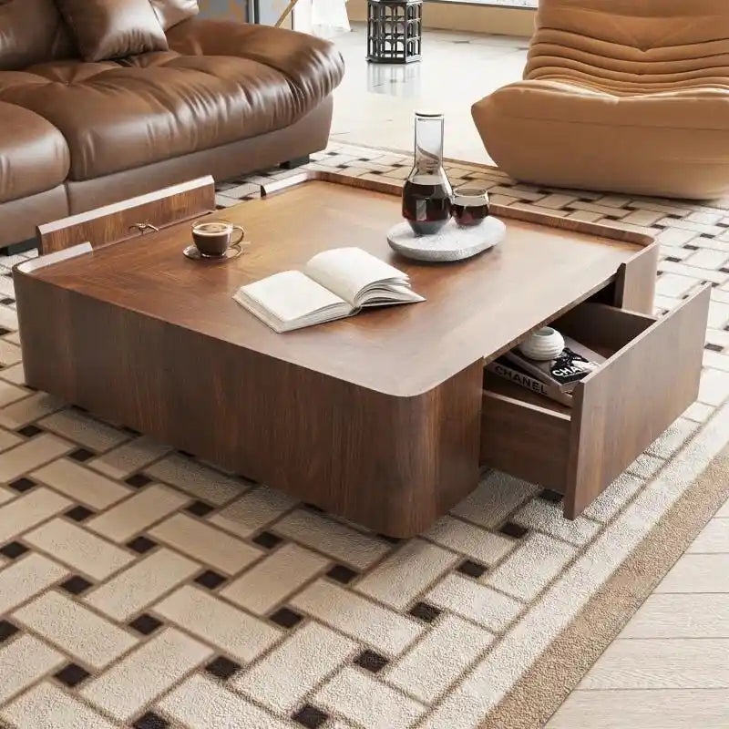Industrial Walnut Coffee Table with Hidden Drawers - 39.37x39.37x12.6