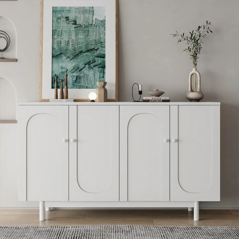 Stylish and Functional 4-Door Intaglio Storage Cabinet with Pine Legs, Solid Wood Pulls and MDF, for Living Room