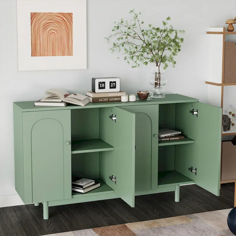 Stylish and Functional 4-Door Intaglio Storage Cabinet with Pine Legs, Solid Wood Pulls and MDF, for Living Room