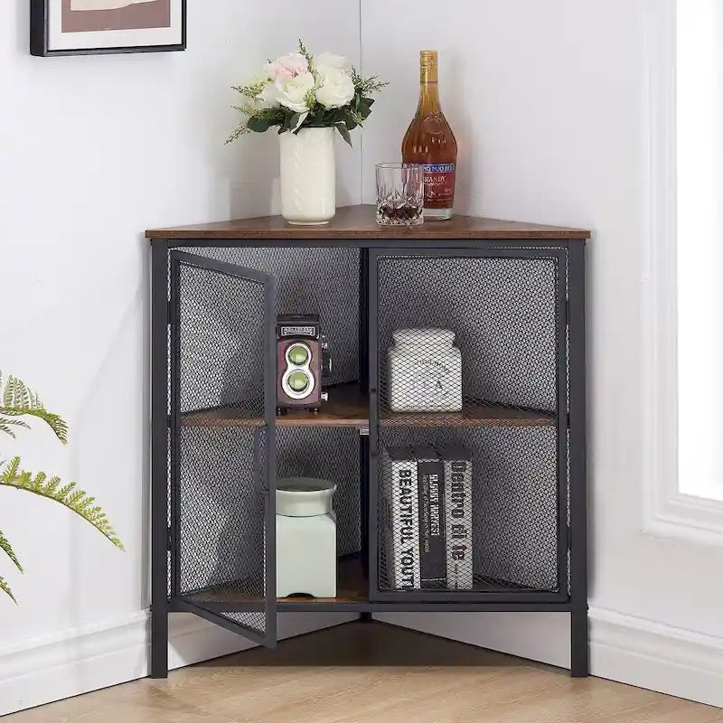 Javlergo Corner Table Modern Triangle 3-tier Storage Shelf with 2 Doors for Living Room Bedroom Office