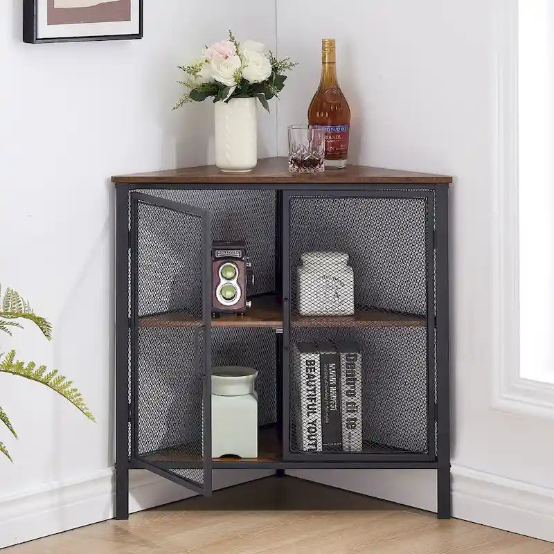Javlergo Corner Table Modern Triangle 3-tier Storage Shelf with 2 Doors for Living Room Bedroom Office