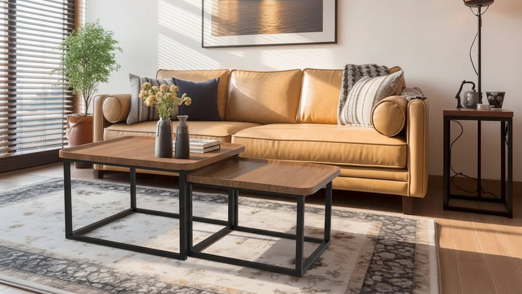 Square Nesting Coffee Table Set of 2 Wood Metal Stacking Side Table - 22x22x18