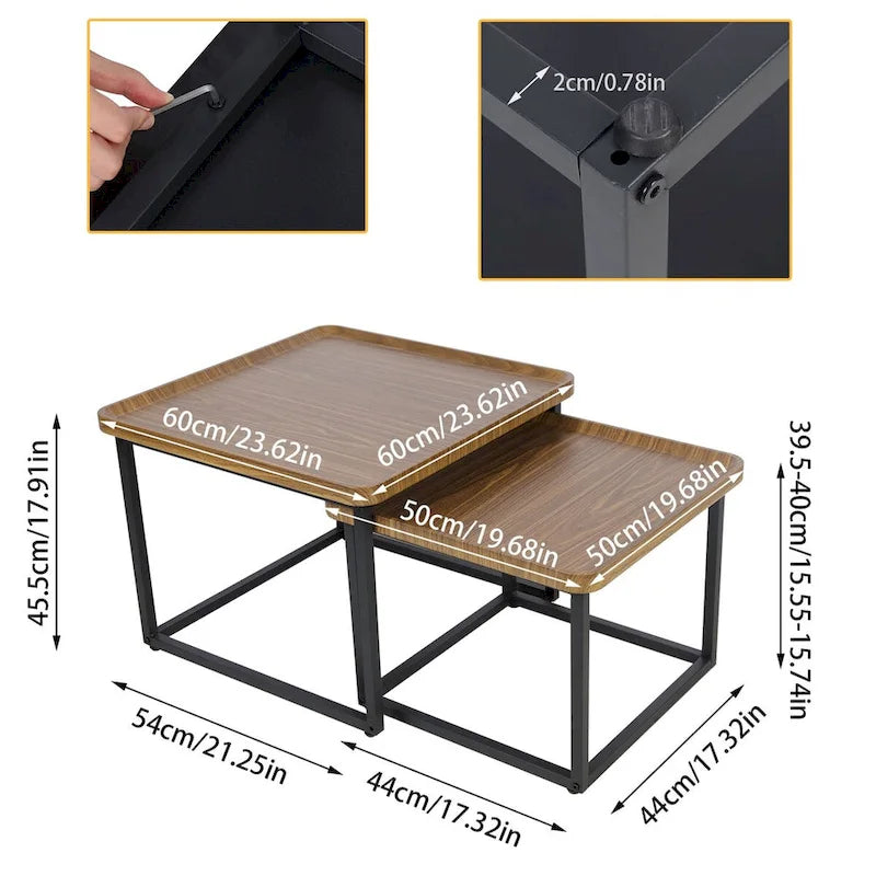 Square Nesting Coffee Table Wood Metal Stacking Side Table - 22x22x18