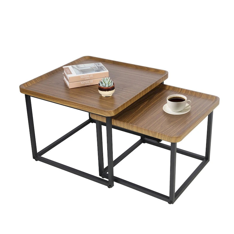 Square Nesting Coffee Table Wood Metal Stacking Side Table - 22x22x18