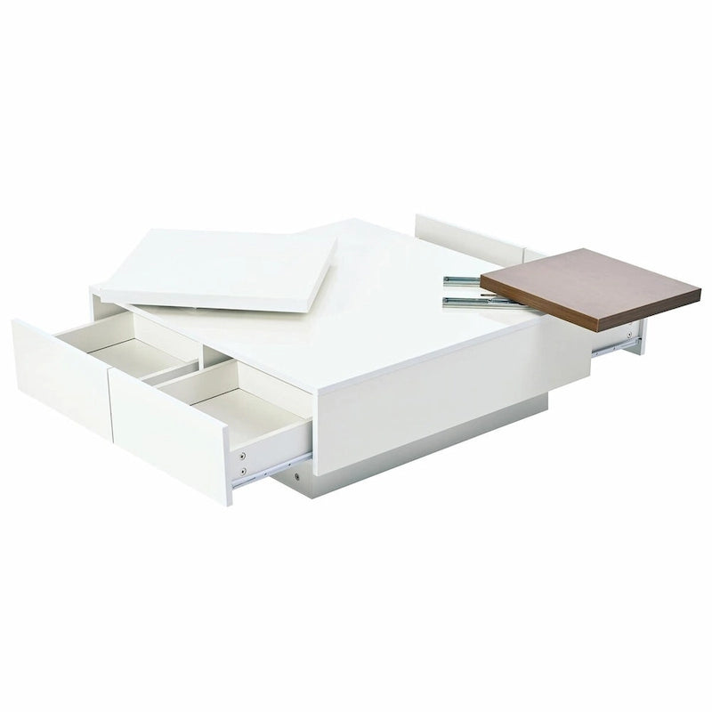 Modern Square Wood Coffee Table with Movable Top and 4 Hidden Storage Drawers