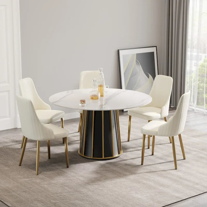 53 White Sintered Stone Round Dining Table with Lazy Susan - N/A