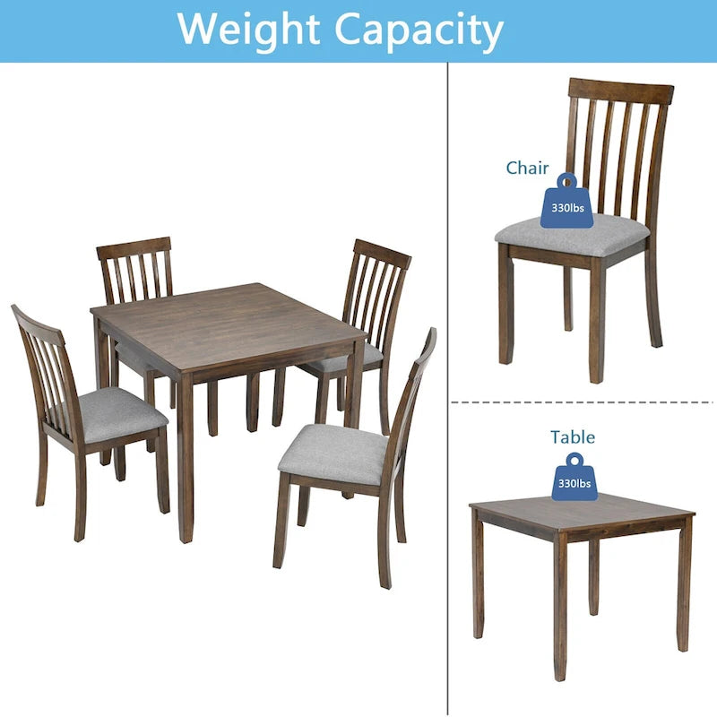 5 Piece Modern Dining Set, Square Wooden Dining Table with 4 Upholstered Chairs for Kitchen, Dining Room