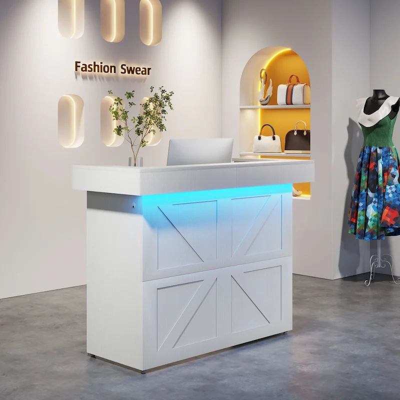 Reception Desk with Light, Modern Front Desk with 2 Grommets