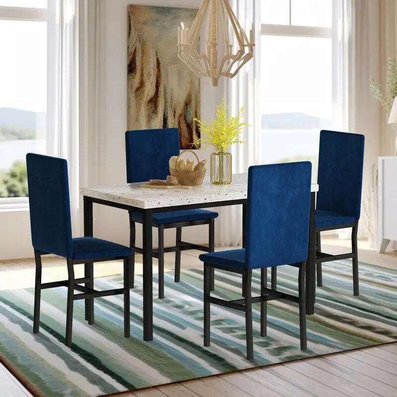 Modern 5 Piece Faux Marble Kitchen Dining Table Set for 4 with PU Leather Chairs, Dinette for Small Spaces, Breakfast Nook