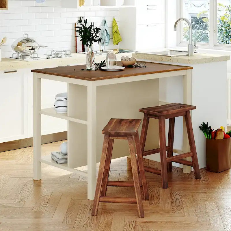 3-piece 45 Kitchen Island Set with 2 Seatings, Rubber Wood Butcher Block Dining Table Set Prep Table Set with 2 Open Shelves