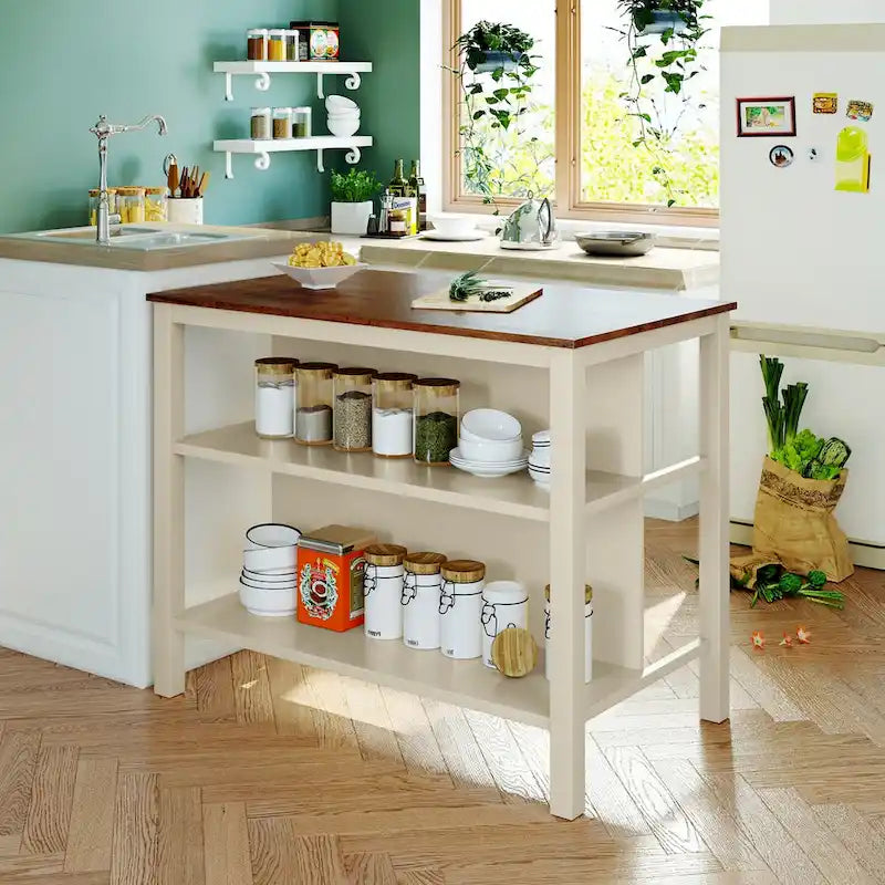 3-piece 45 Kitchen Island Set with 2 Seatings, Rubber Wood Butcher Block Dining Table Set Prep Table Set with 2 Open Shelves