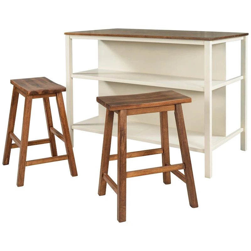 3-piece 45 Kitchen Island Set with 2 Seatings, Rubber Wood Butcher Block Dining Table Set Prep Table Set with 2 Open Shelves
