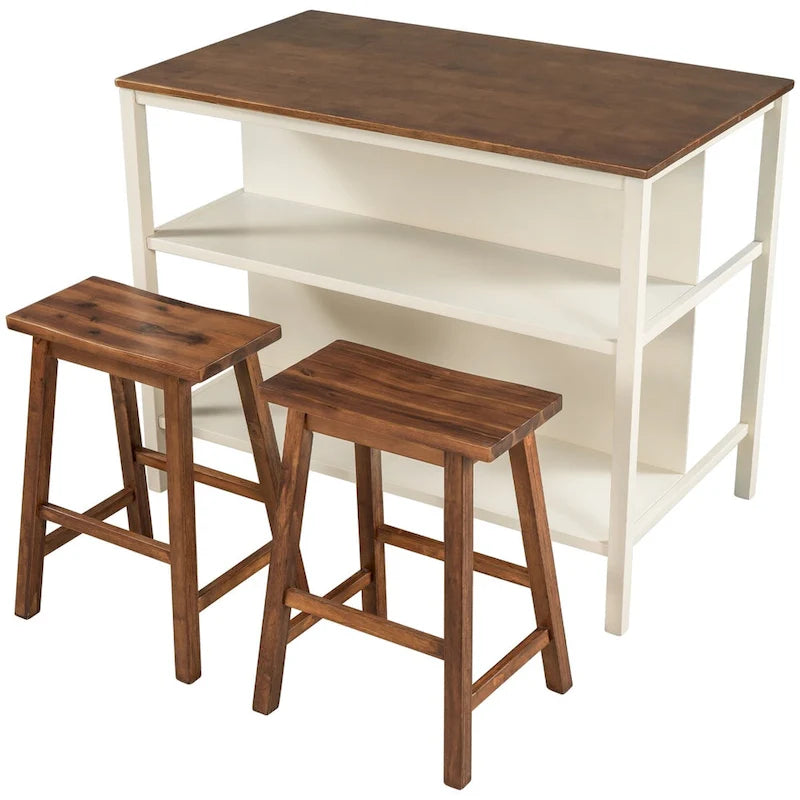 3-piece 45 Kitchen Island Set with 2 Seatings, Rubber Wood Butcher Block Dining Table Set Prep Table Set with 2 Open Shelves