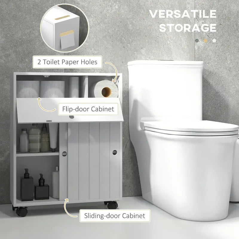 kleankin Toilet Paper Cabinet, Slim Bathroom Cabinet with 4 Rolling Wheels, Small Bathroom Storage Cabinet with Paper Holes
