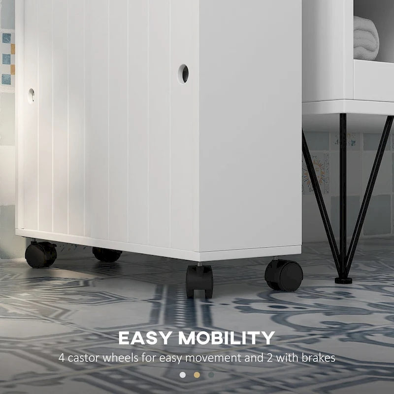 kleankin Toilet Paper Cabinet, Slim Bathroom Cabinet with 4 Rolling Wheels, Small Bathroom Storage Cabinet with Paper Holes