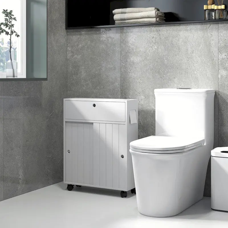 kleankin Toilet Paper Cabinet, Slim Bathroom Cabinet with 4 Rolling Wheels, Small Bathroom Storage Cabinet with Paper Holes