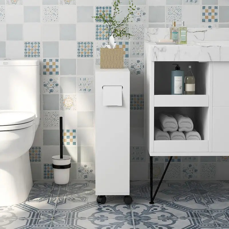 kleankin Toilet Paper Cabinet, Slim Bathroom Cabinet with 4 Rolling Wheels, Small Bathroom Storage Cabinet with Paper Holes