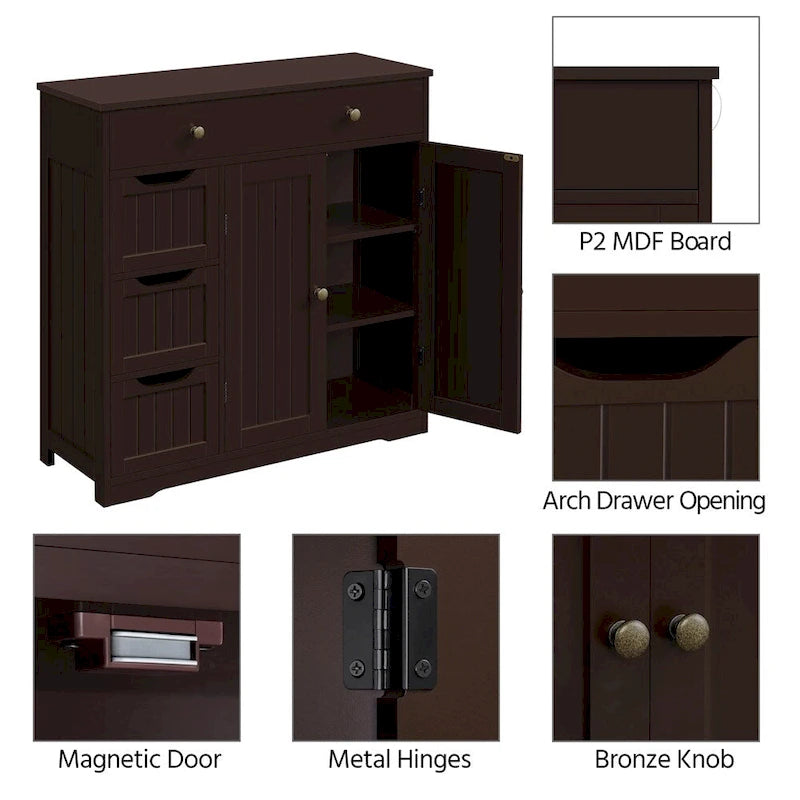 Yaheetech Bathroom Storage Cabinet Free-Standing Floor Cabinet With 4 Drawers and 2 Doors - N/A