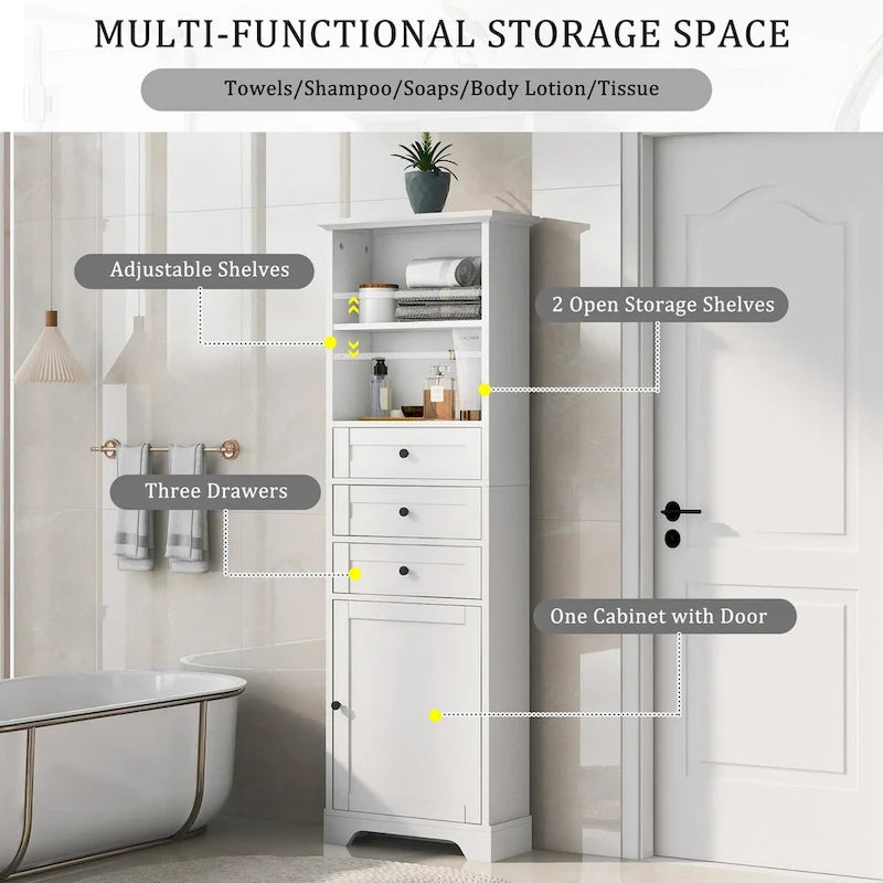 68 Tall Freestanding Bathroom Cabinet with 3 Drawers and Adjustable Shelves