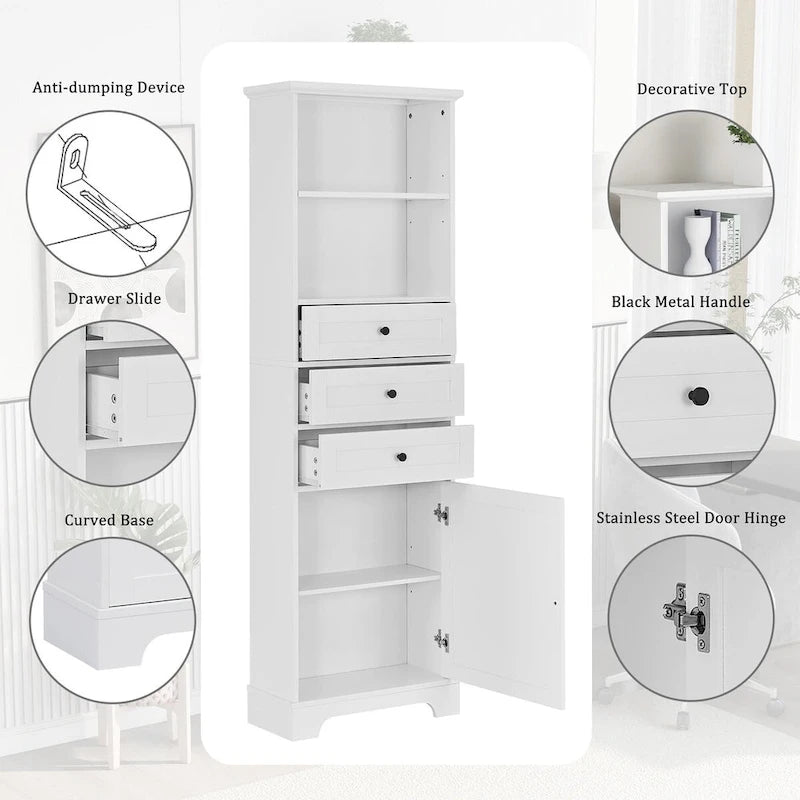 68 Tall Freestanding Bathroom Cabinet with 3 Drawers and Adjustable Shelves