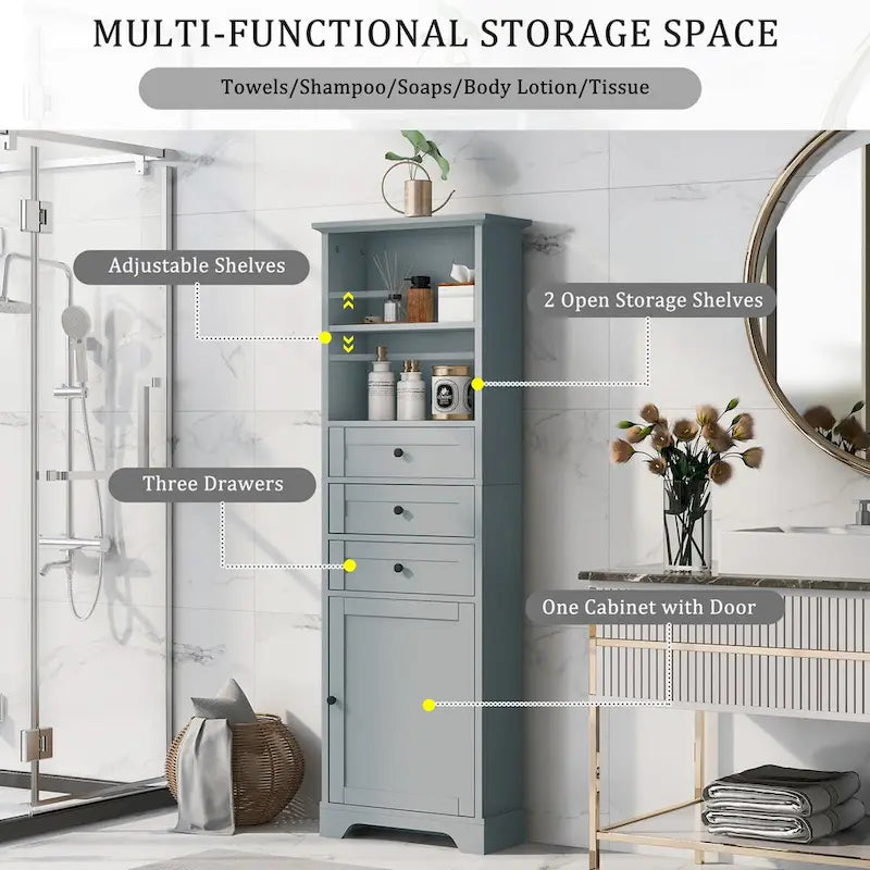 68 Tall Freestanding Bathroom Cabinet with 3 Drawers and Adjustable Shelves