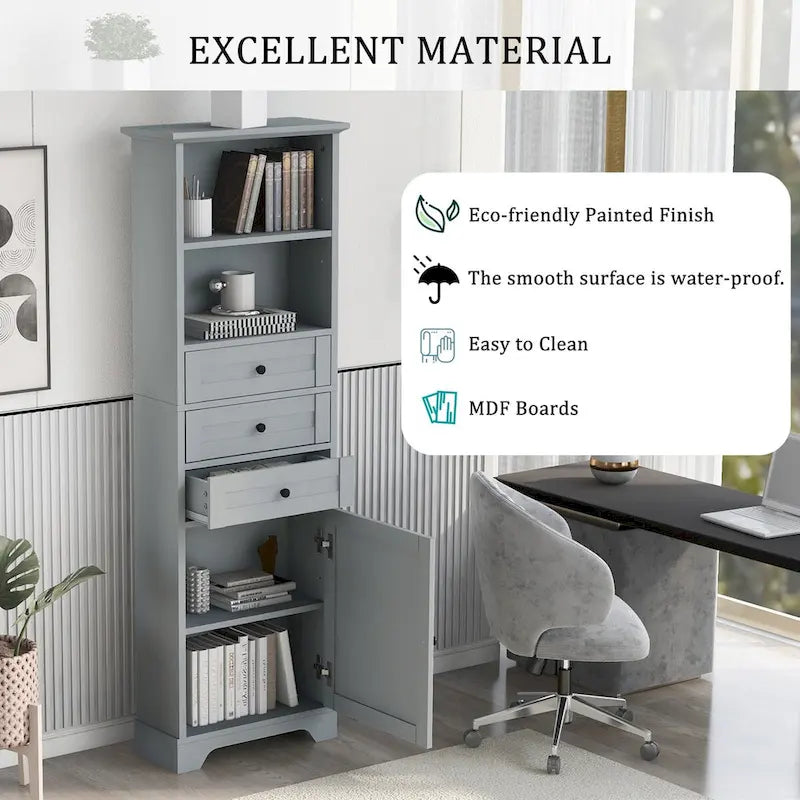 68 Tall Freestanding Bathroom Cabinet with 3 Drawers and Adjustable Shelves