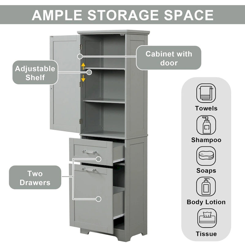 20 in. W x 13 in. D x 68.1 in. H Linen Cabinet with 2-Different Size Drawers and Adjustable Shelf