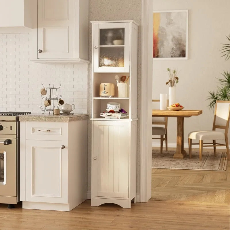 Freestanding Narrow Tall Bathroom Storage Cabinet with Adjustable Shelves, Door and Open Shelves