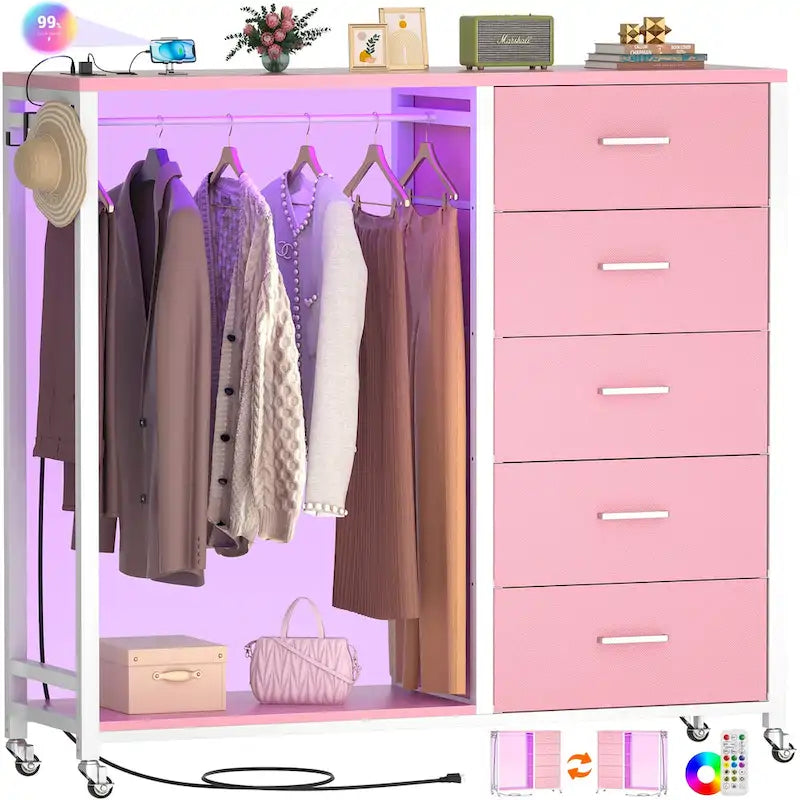 Rollway Dresser with Charge Station and LED Light,Chest With Drawers for Kids Room