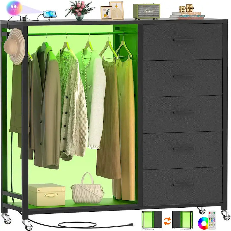 Rollway Dresser with Charge Station and LED Light,Chest With Drawers for Kids Room