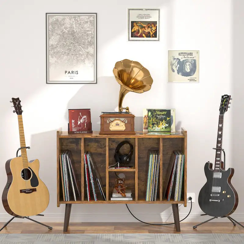 Record Player Stand with Power Outlet and USB Ports, Vinyl Record Storage Table,Vinyl Holder Display Shelf