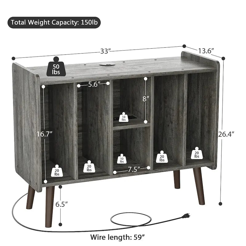 Record Player Stand with Power Outlet and USB Ports, Vinyl Record Storage Table,Vinyl Holder Display Shelf