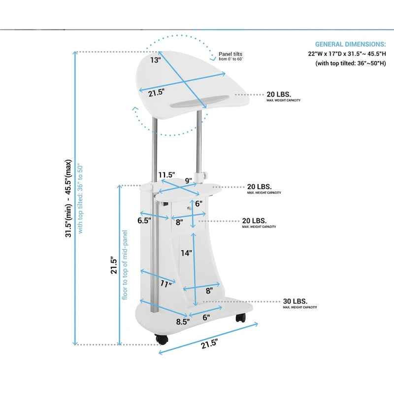 White Sit-to-Stand Adjustable Rolling Laptop Cart with Storage