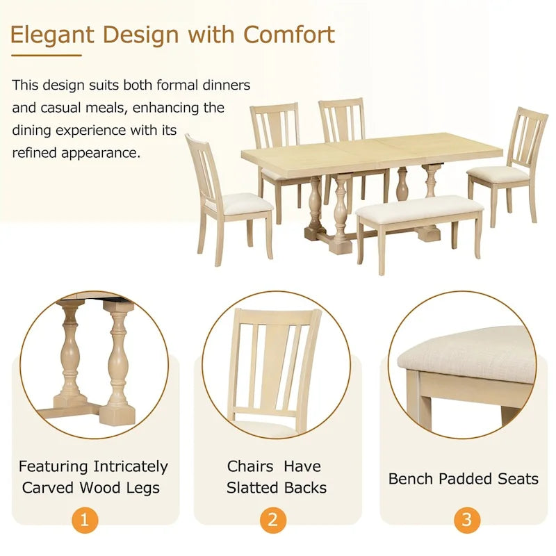 6-Piece 78 Trestle Extendable Dining Table Set w/Dining Chairs &Bench
