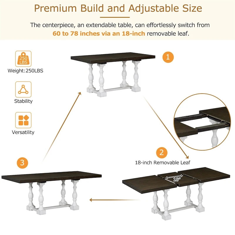 6-Piece 78 Trestle Extendable Dining Table Set w/Dining Chairs &Bench