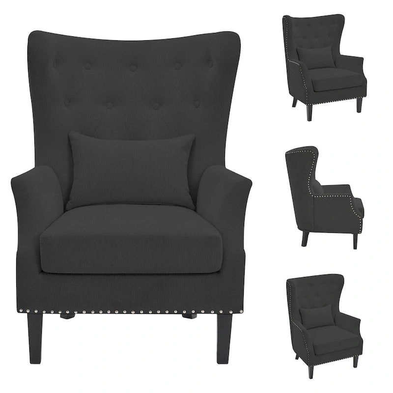 Classic Nailhead Trim Corduroy Wingback Armchair with a Lumbar Pillow and Rubberwood Legs