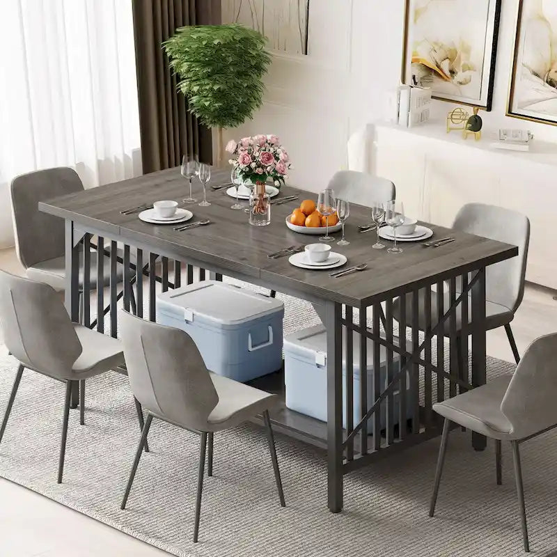 Moasis 70-Inch Large Kitchen Dining Table for 6-8 People, Farmhouse Industrial Kitchen Table with Storage Shelf