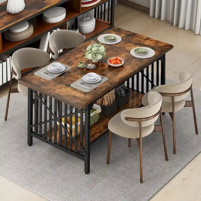 Moasis 70-Inch Large Kitchen Dining Table for 6-8 People, Farmhouse Industrial Kitchen Table with Storage Shelf